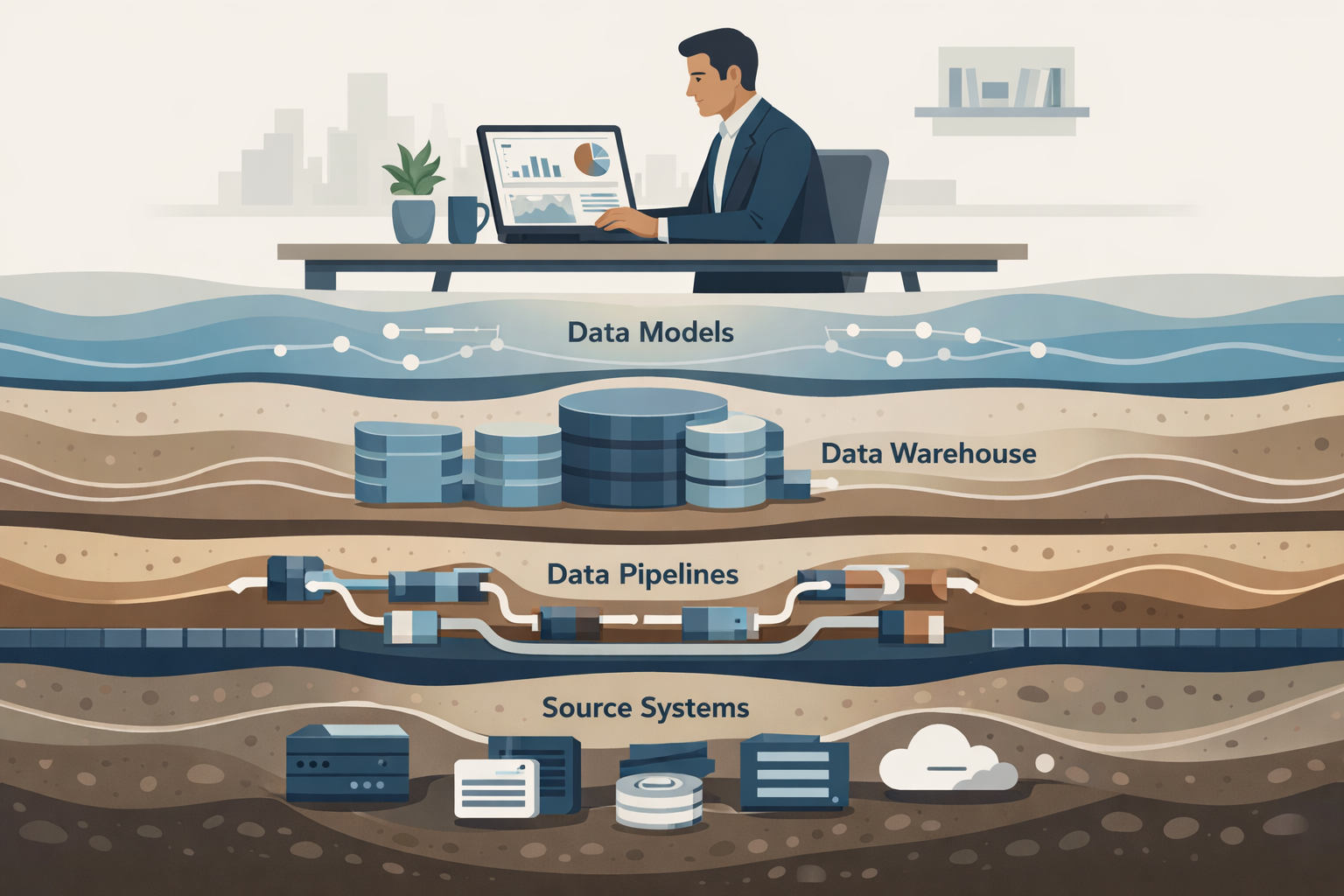 Diagram showing data flow from source systems to data warehouse and models.